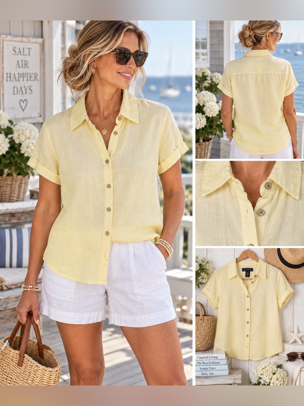 Tahari 100% Linen Button Down Shirt Butter Yellow Size Medium